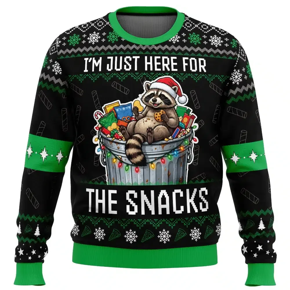 I'm Just Here For The Snacks Raccoon Ugly Christmas Sweater, Funny Raccoon Holiday Sweater, Xmas Party Gift, Trash Panda Unisex Pullover