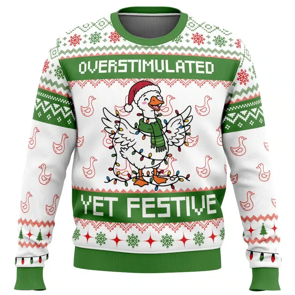 Overstimulated Yet Festive Ugly Christmas Sweater, Funny Goose Holiday Sweater, Silly Goose in Christmas Lights Pullover, Meme Xmas Gift
