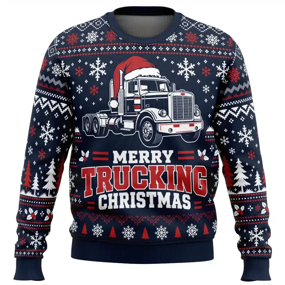 Merry Trucking Christmas Ugly Christmas Sweater, Funny Trucker Holiday Sweater, Truck Driver Xmas Gift, Santa Hat Semi Truck Unisex Pullover