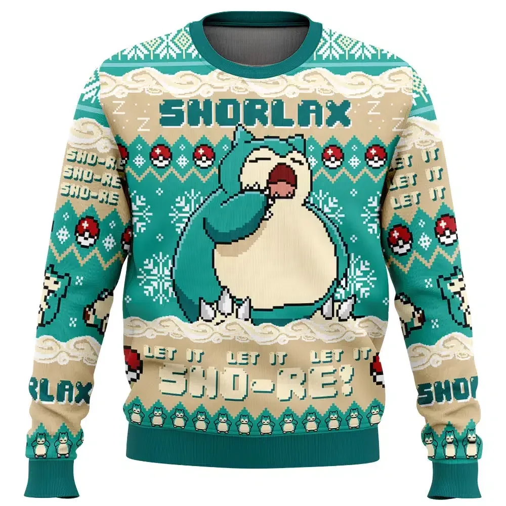 Snorlax Let It Sno-re Pokemon Ugly Christmas Sweater, Pokemon Holiday Sweater, Gamer Xmas Gift, Pixel Poke Ball Unisex All Over Print Pullover