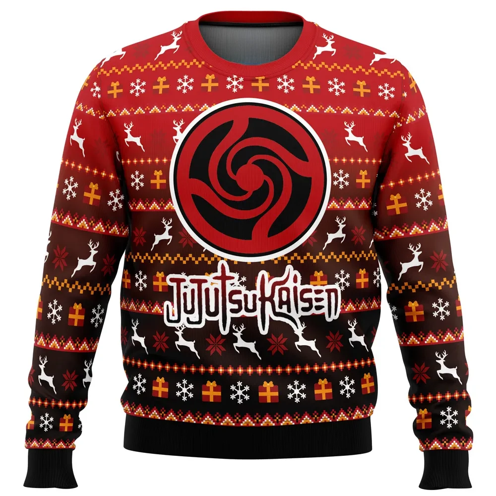 Jujutsu Kaisen Symbol Ugly Christmas Sweater, JJK Anime Holiday Sweater with Reindeer, Anime Xmas Gift, Unisex All Over Print Gradient Sweatshirt