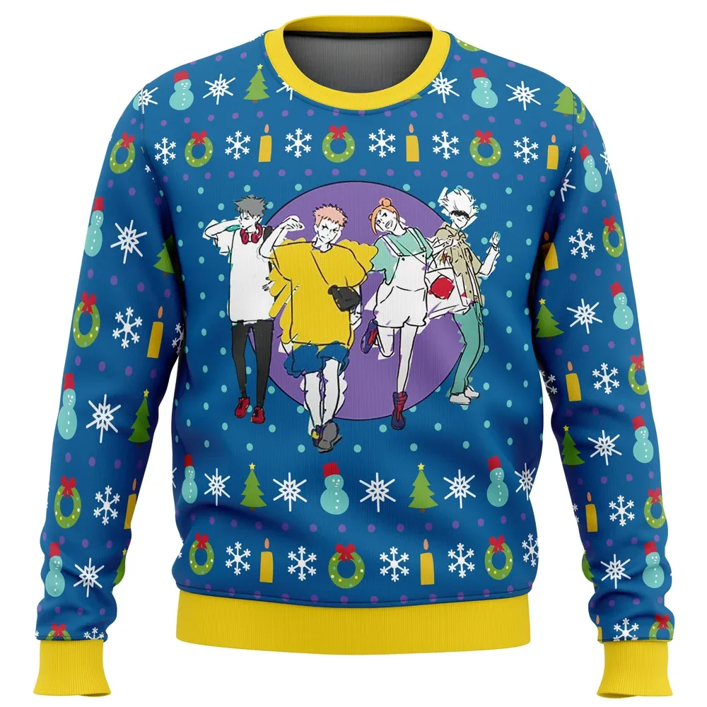 Fun Walk Jujutsu Kaisen Ugly Christmas Sweater, Yuji Megumi Nobara and Gojo JJK Holiday Sweater, Unisex Xmas Sweatshirt, Anime Gift for Fans