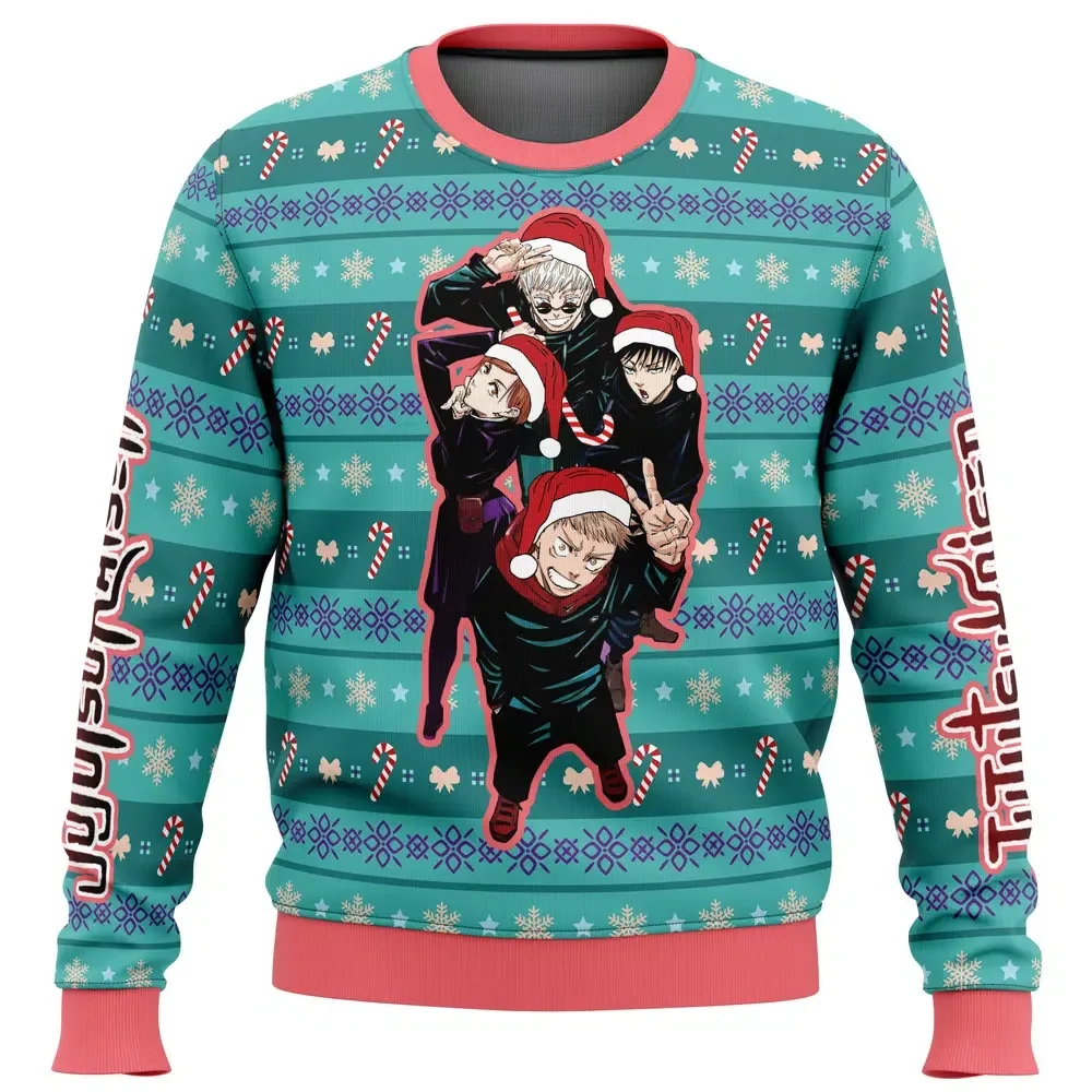 Happy Dub Cast Jujutsu Kaisen Ugly Christmas Sweater, Yuji Gojo Megumi Nobara Holiday Sweater, Anime Xmas Jumper