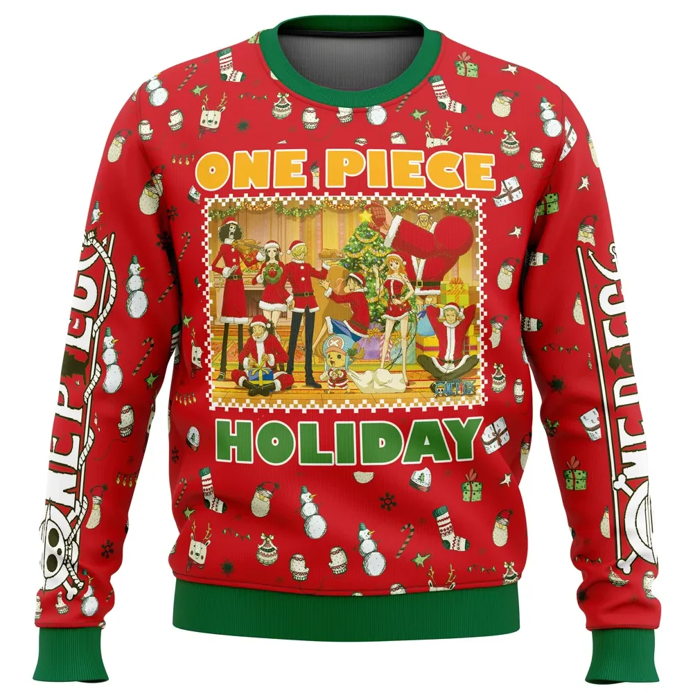 Happy Holidays One Piece Ugly Christmas Sweater, Straw Hat Pirates Holiday Sweater, Luffy Crew in Santa Outfits, Anime Xmas Gift, Unisex Top