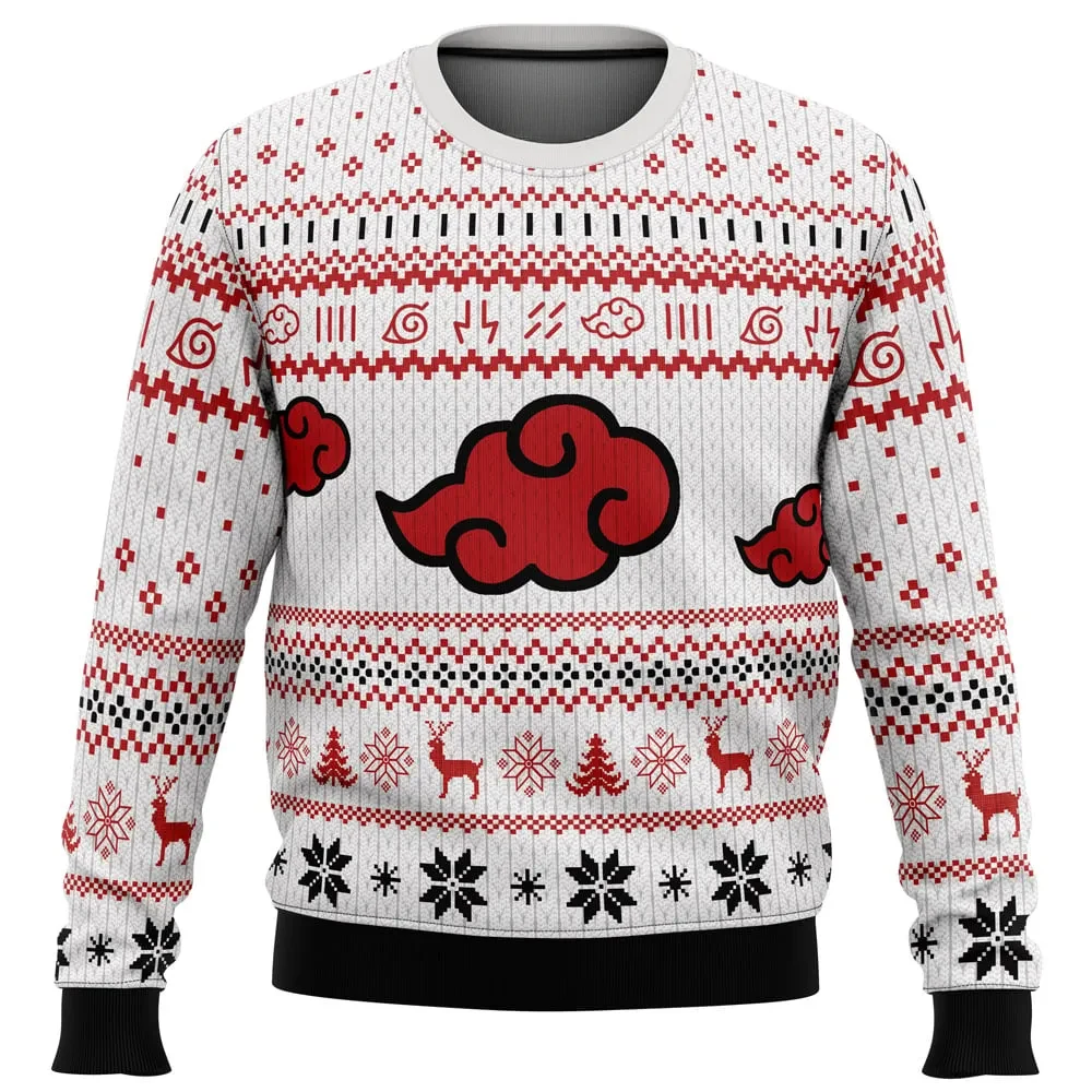 White Christmas Akatsuki Ugly Christmas Sweater, Naruto Shippuden Red Cloud Holiday Sweater, Hidden Leaf Village Pullover, Anime Xmas Gift