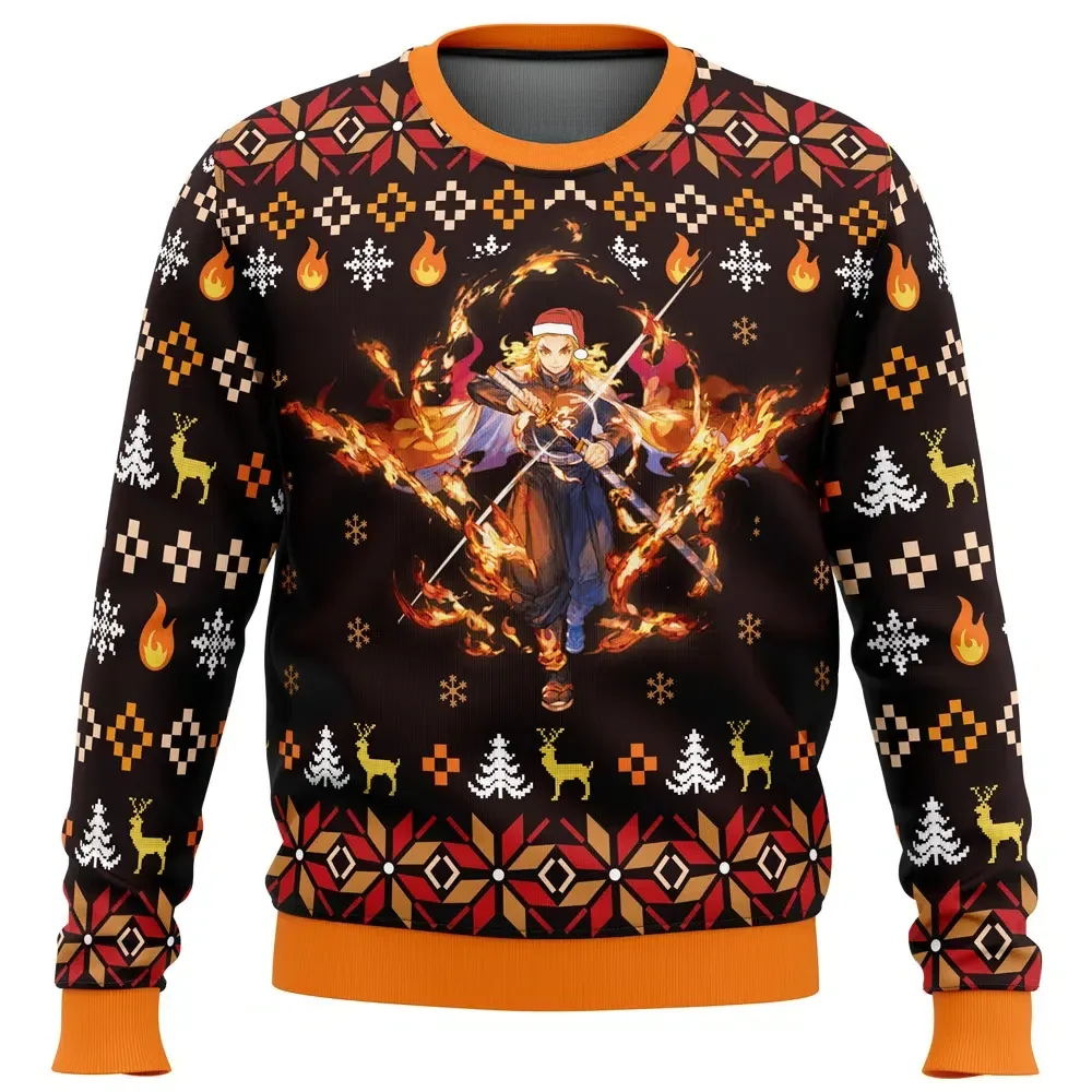 Fire Rengoku Demon Slayer Ugly Christmas Sweater, Kyojuro Rengoku Holiday Sweater, Flame Hashira Kimetsu no Yaiba Design, Anime Xmas Gift