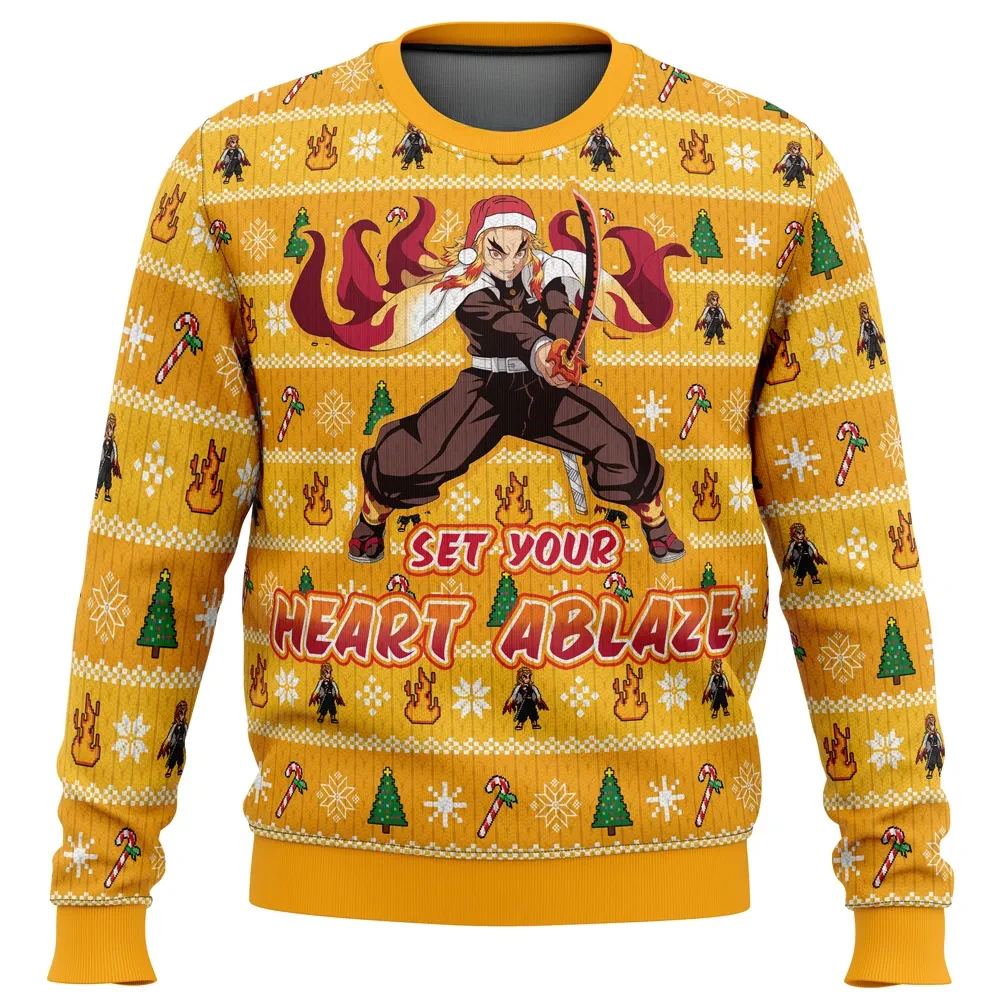 Set Your Heart Ablaze Rengoku Ugly Christmas Sweater, Demon Slayer Holiday Sweater, Kyojuro Flame Hashira in Santa Hat, Anime Xmas Gift