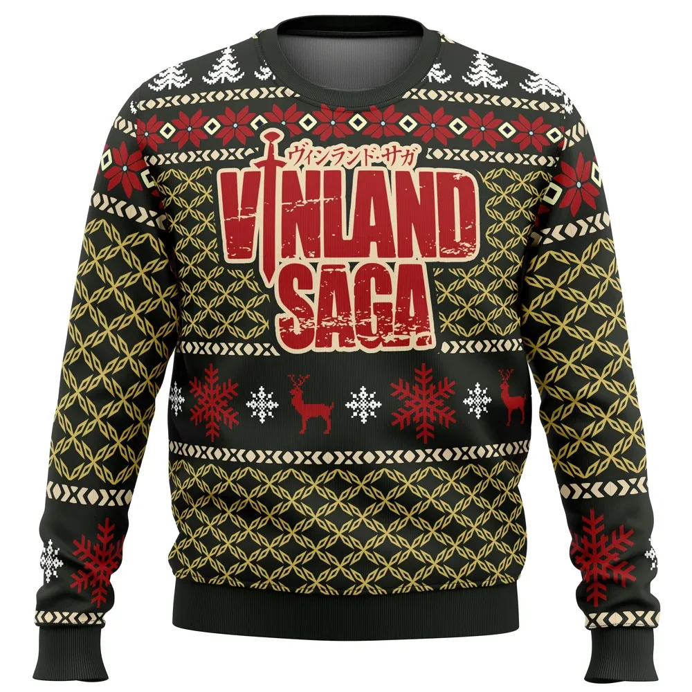 Epic Christmas Vinland Saga Ugly Christmas Sweater, Viking Anime Holiday Sweater, Gold Lattice and Poinsettias, Anime Xmas Gift for Fans