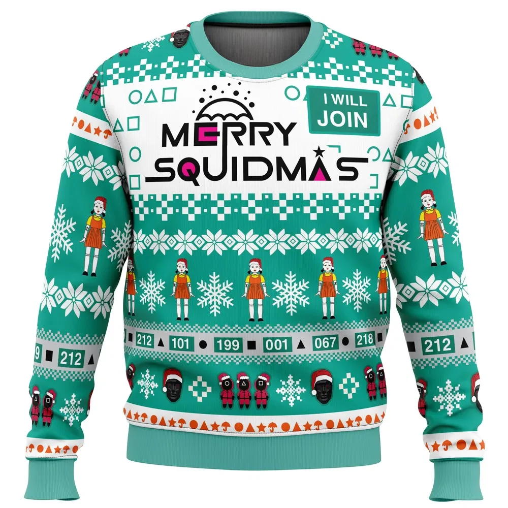 Merry Squidmas Squid Game Ugly Christmas Sweater, TV Show Holiday Sweater, Doll and Pink Guards Korean Drama Funny Xmas Gift for Fans
