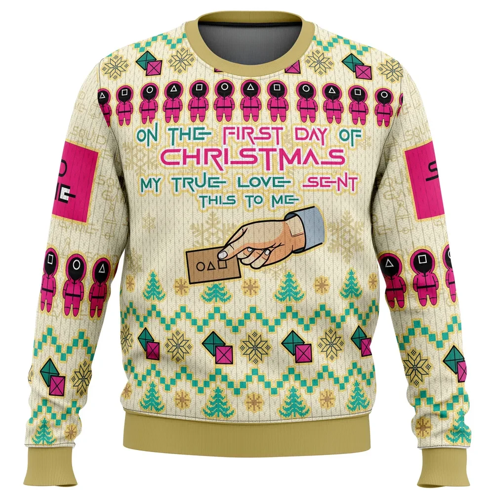 On The First Day Of Christmas Squid Game Ugly Christmas Sweater, Squid Game Holiday Sweater, Invited to Play Pink Guards Design, TV Xmas Gift