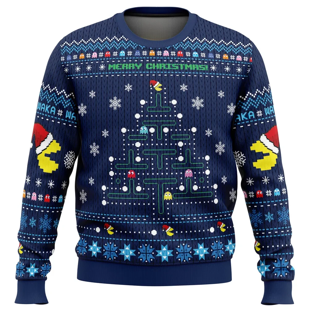 Christmas Tree Pac-Man Ugly Christmas Sweater, Retro Arcade Gamer Holiday Sweater, Pixel Maze and Ghosts Design, 80s Video Game Xmas Gift