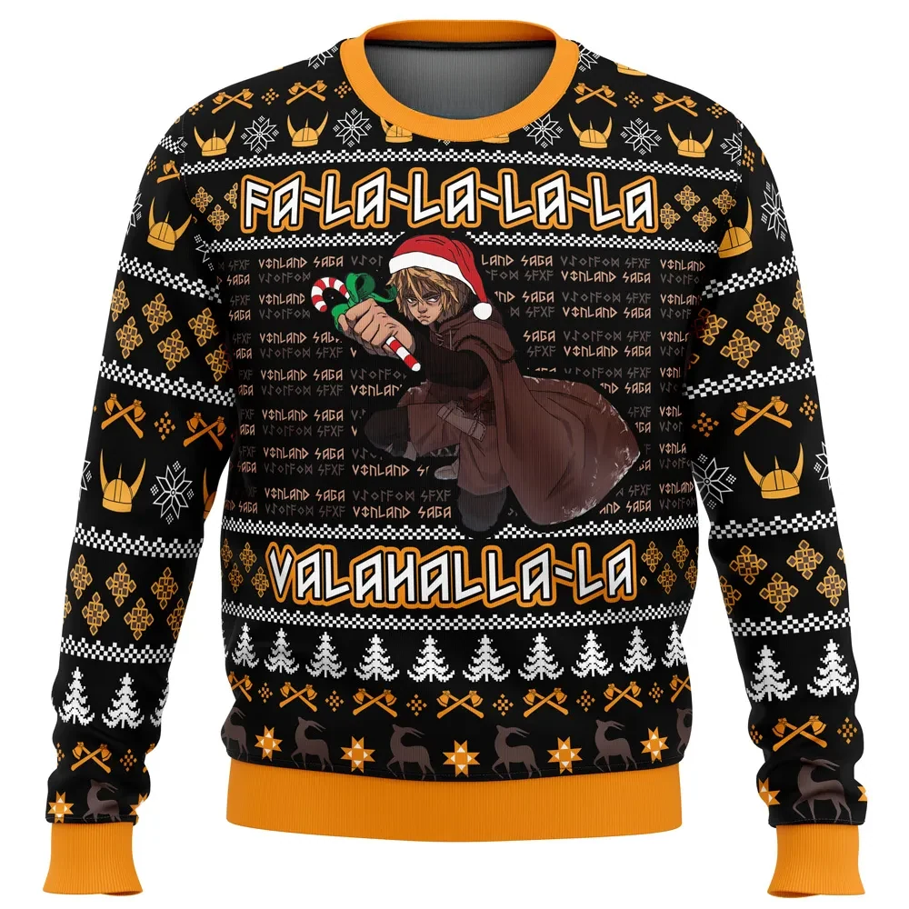 Falalala Valhalla Vinland Saga Christmas Sweater, Thorfinn Santa Hat Ugly Holiday Sweatshirt, Viking Anime Xmas Party Gift for Fans