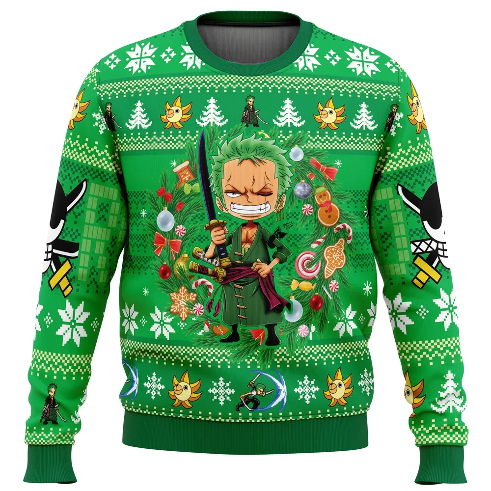 Christmas Zoro One Piece Ugly Christmas Sweater, Roronoa Zoro Holiday Sweater, Chibi Pirate Hunter Jolly Roger Back Print, Anime Xmas Gift