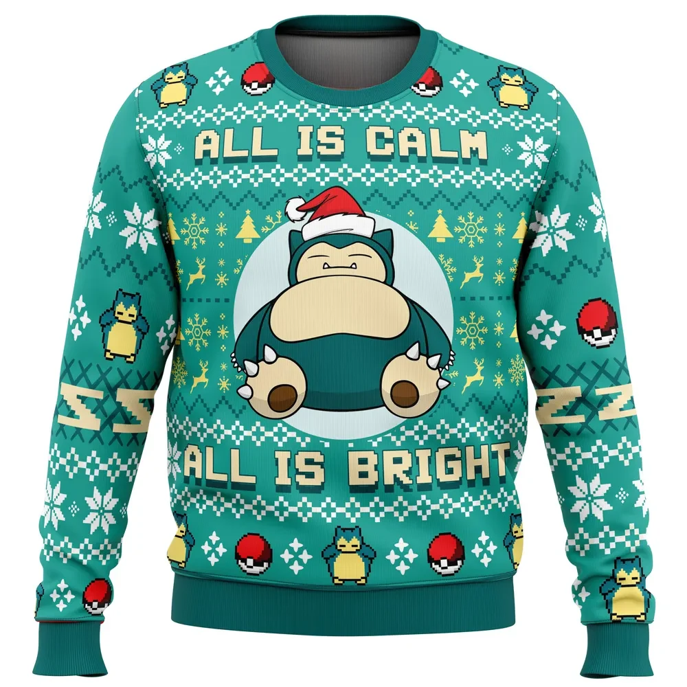 All Is Calm All Is Bright Snorlax Pokemon Ugly Christmas Sweater, Sleeping Snorlax Holiday Sweater, Gamer Xmas Jumper
