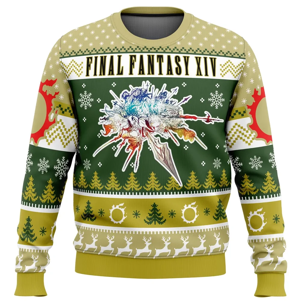 Christmas Fantasy Final Fantasy XIV Ugly Christmas Sweater, FFXIV Holiday Sweater, Red Meteor Emblem MMORPG Unisex Sweatshirt, Gamer Xmas Gift