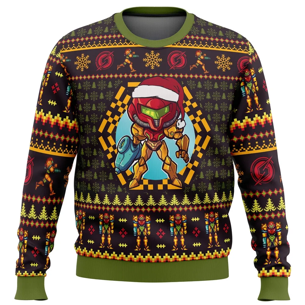 Santa Samus Aran Metroid Ugly Christmas Sweater, Metroid Holiday Sweater with Screw Attack Emblem, Retro Nintendo Gamer Xmas Gift for Fans