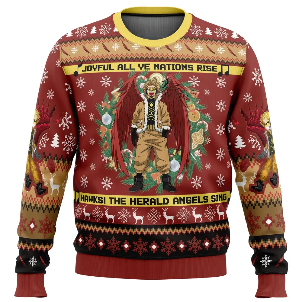 Hawks Singing Christmas Song My Hero Academia Ugly Christmas Sweater, Herald Angels Sing MHA Holiday Sweater, Pro Hero Anime Xmas Gift