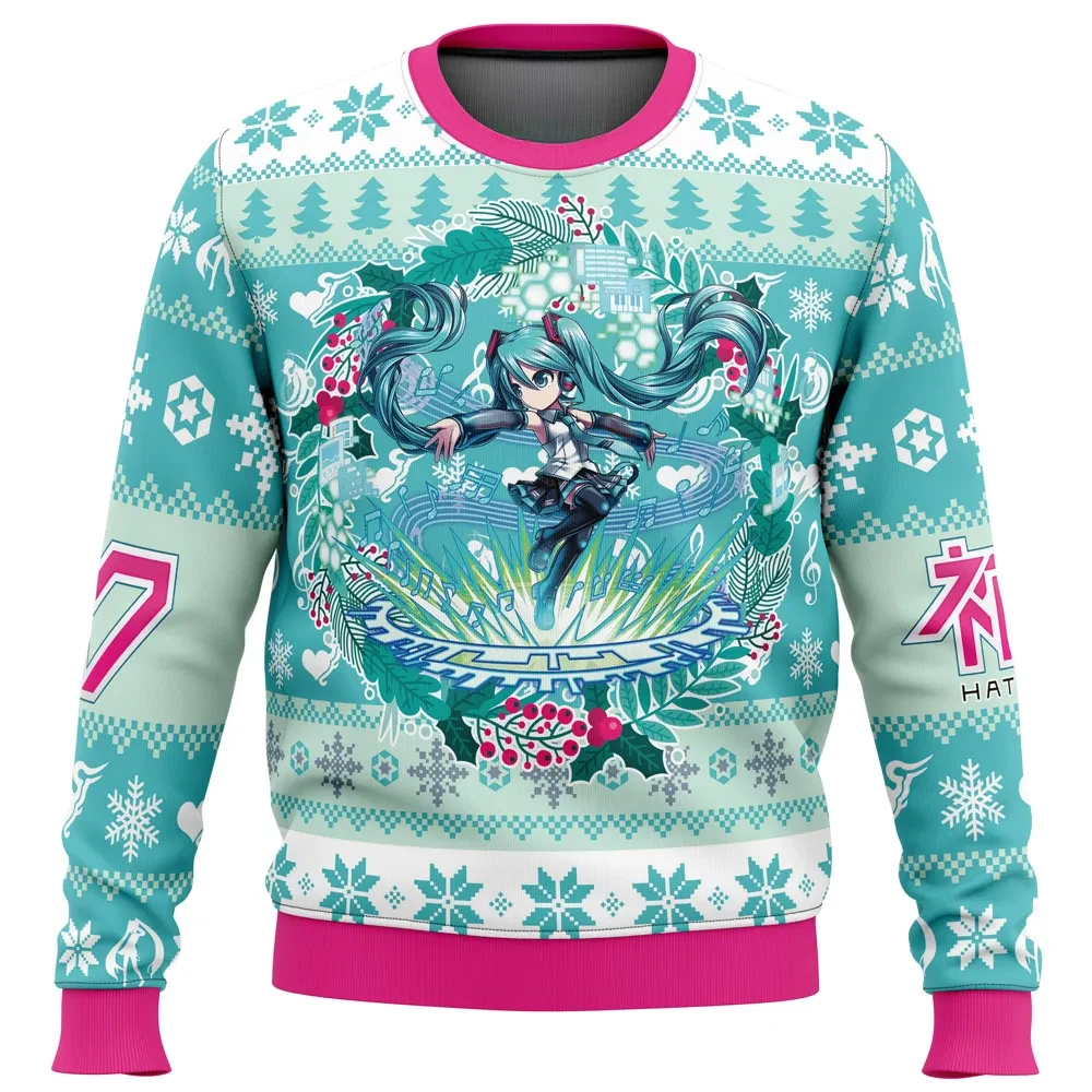 Christmas Symphony Hatsune Miku Ugly Christmas Sweater, Vocaloid Holiday Sweater, Miku Holly Wreath and Music Notes, Anime Xmas Gift for Fans