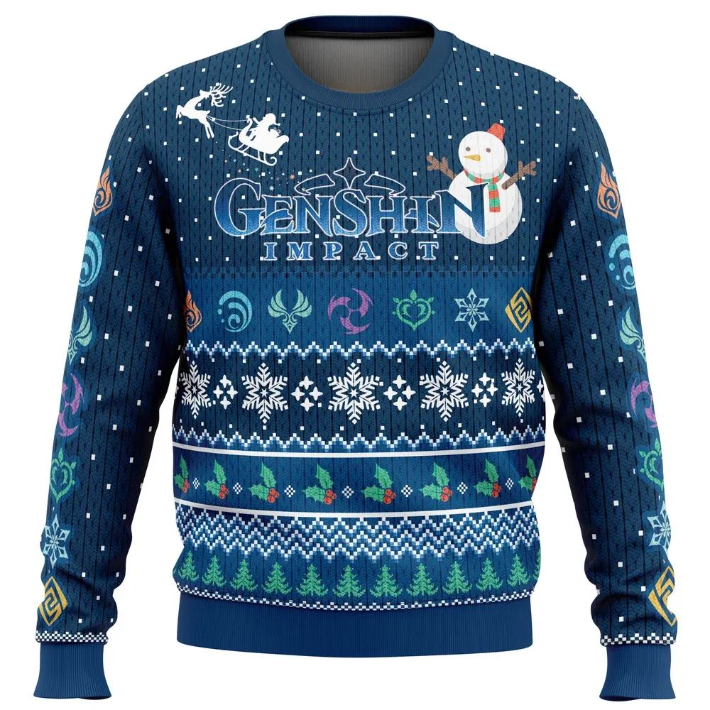 Happy Holidays Genshin Impact Ugly Christmas Sweater, Genshin Snowman and Elemental Symbols Holiday Sweater, Anime Gamer Xmas Gift