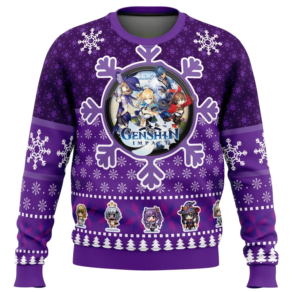 Christmas Quest Genshin Impact Ugly Christmas Sweater, Purple Snowflake Gamer Holiday Sweater, Unisex All Over Print Sweatshirt, Anime Xmas Gift