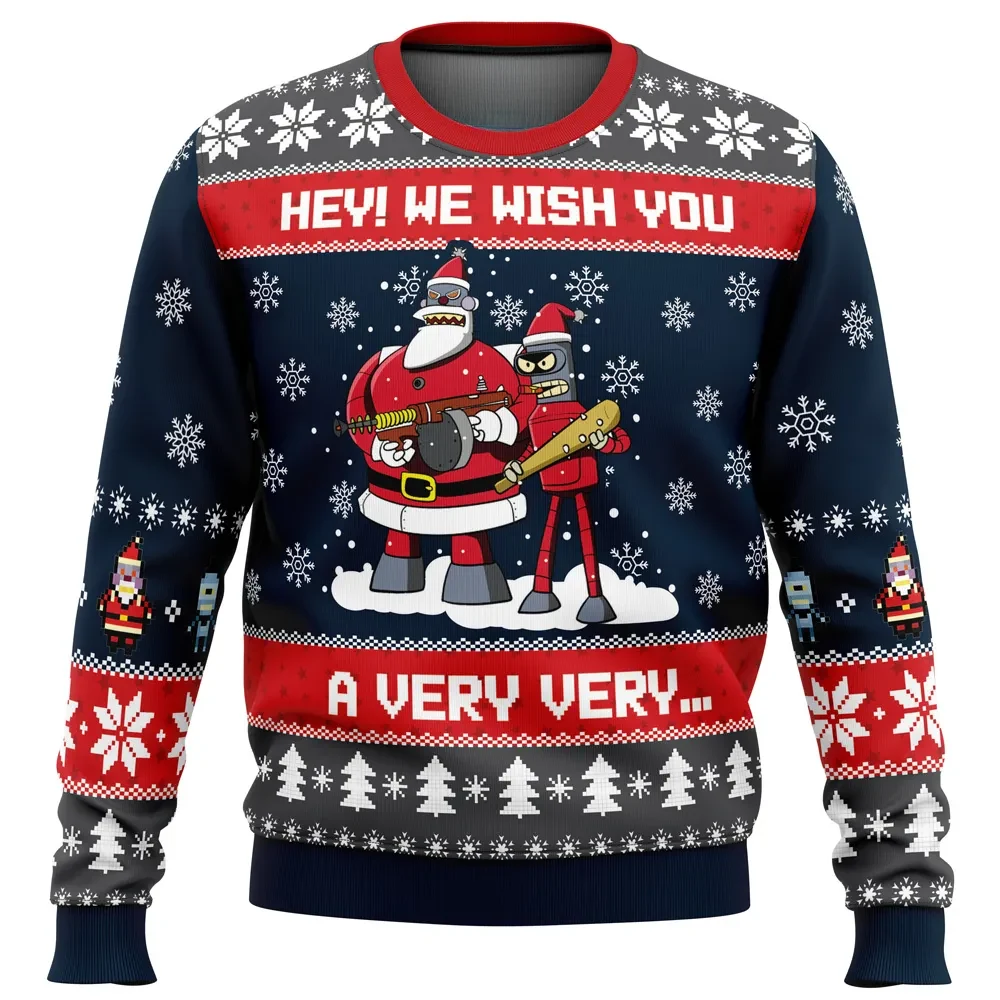 Hey We Wish You a Very Very Merry Futurama Ugly Christmas Sweater, Bender Robot Santa Holiday Sweater, Cartoon Xmas Jumper