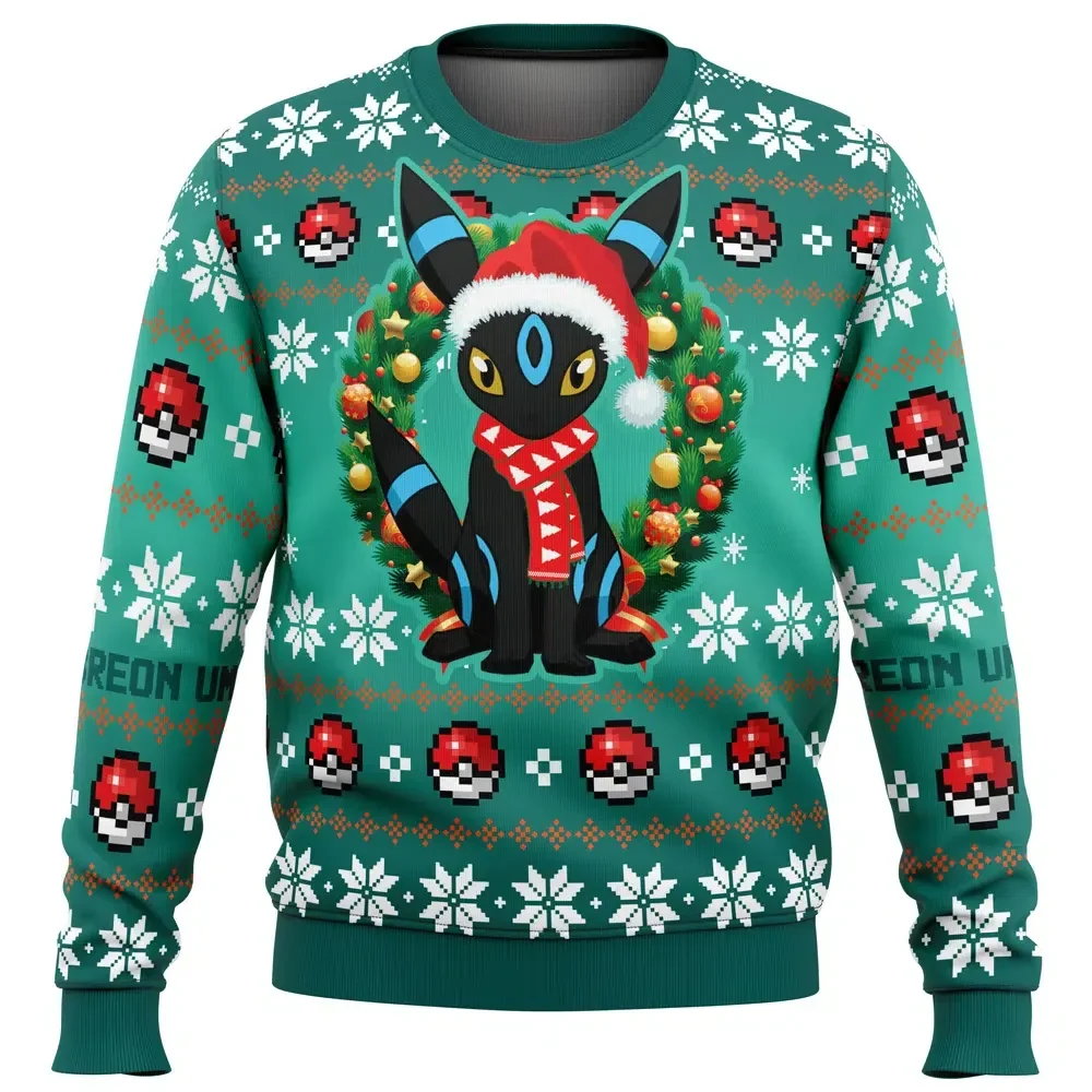 Christmas Umbreon Pokemon Ugly Christmas Sweater, Pokemon Holiday Sweater, Santa Hat Eeveelution in Wreath, Poke Ball Gamer Xmas Gift