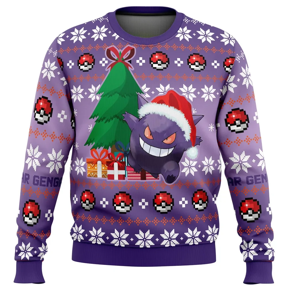 Christmas Gengar Pokemon Ugly Christmas Sweater, Santa Hat Gengar Ghost Type Holiday Sweater, Poke Ball Gamer Xmas Gift for Trainers
