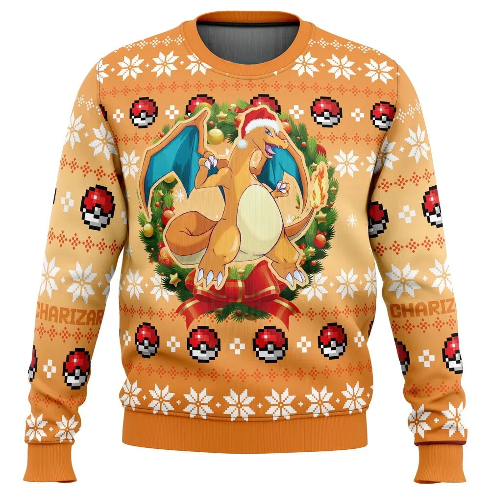 Christmas Charizard Pokemon Ugly Christmas Sweater, Pokemon Holiday Sweater, Anime Xmas Gift, Fire Type Dragon Fan Unisex All Over Print Pullover