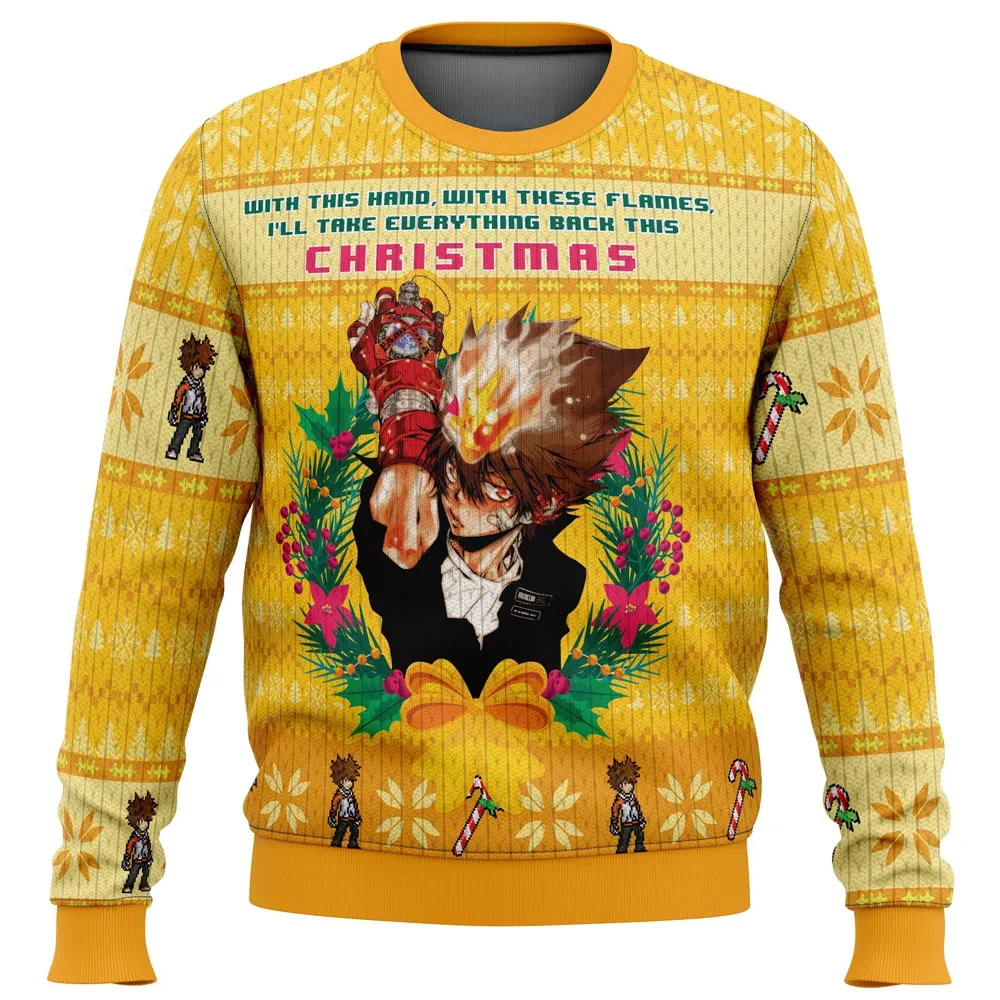 With This Hand, With These Flames Katekyo Hitman Reborn Ugly Christmas Sweater, Tsuna Holiday Sweater, Anime Xmas Sweater