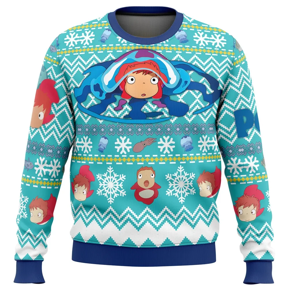 Magical Ponyo Studio Ghibli Ugly Christmas Sweater, Ponyo Anime Holiday Sweater with Ocean Waves, Unisex All Over Print Cute Xmas Gift for Fans