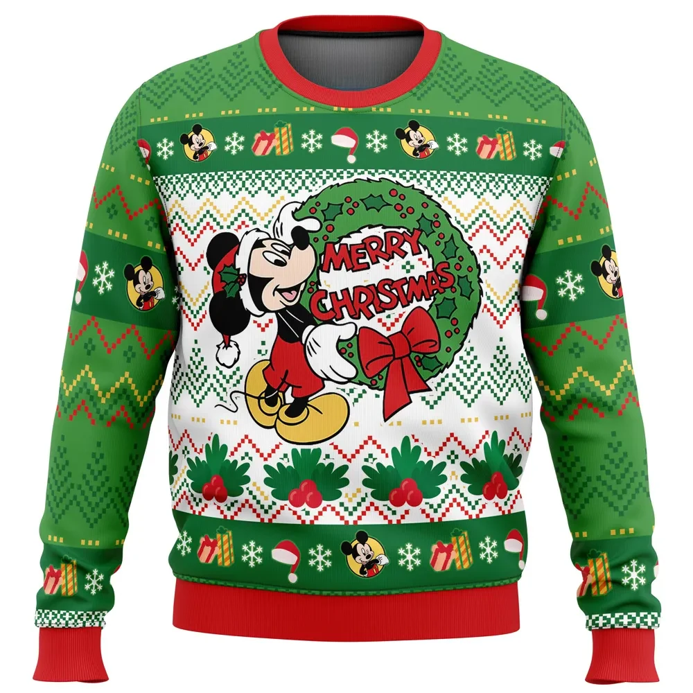 Merry Christmas Mickey Mouse Ugly Christmas Sweater, Disney Holiday Sweater, Holly Wreath and Mickey Ears Pullover, Cartoon Xmas Gift