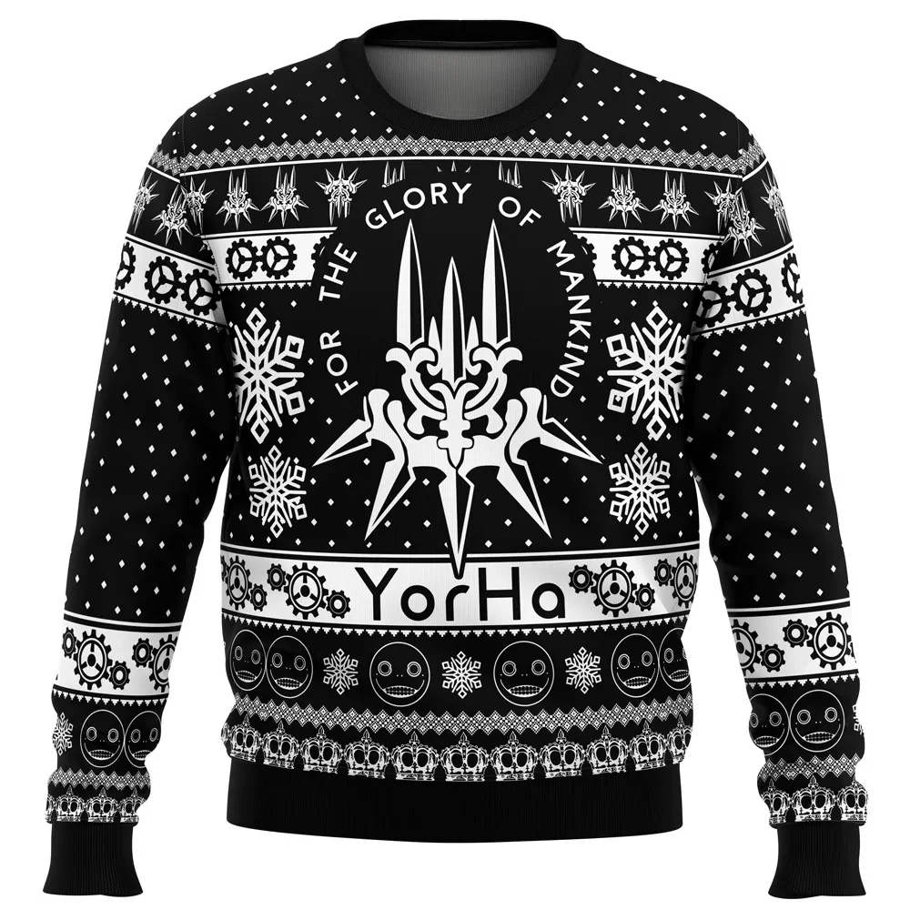 YoRHa NieR Automata Ugly Christmas Sweater, For The Glory Of Mankind Emblem Holiday Sweater, Black and White Gamer Xmas Gift for RPG Fans