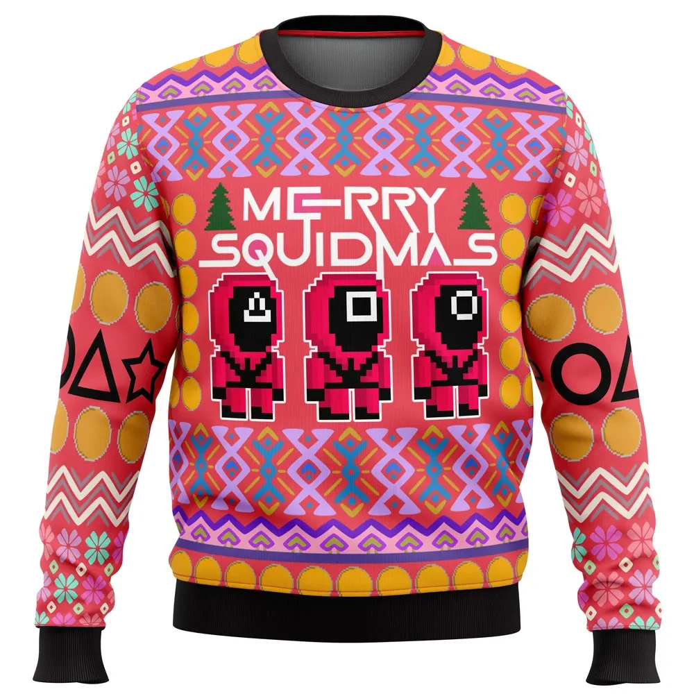 Squid Game Merry Squidmas Ugly Christmas Sweater, Pink Guards Dalgona Candy Holiday Sweater, K-Drama Xmas Gift, Unisex All Over Print Pullover