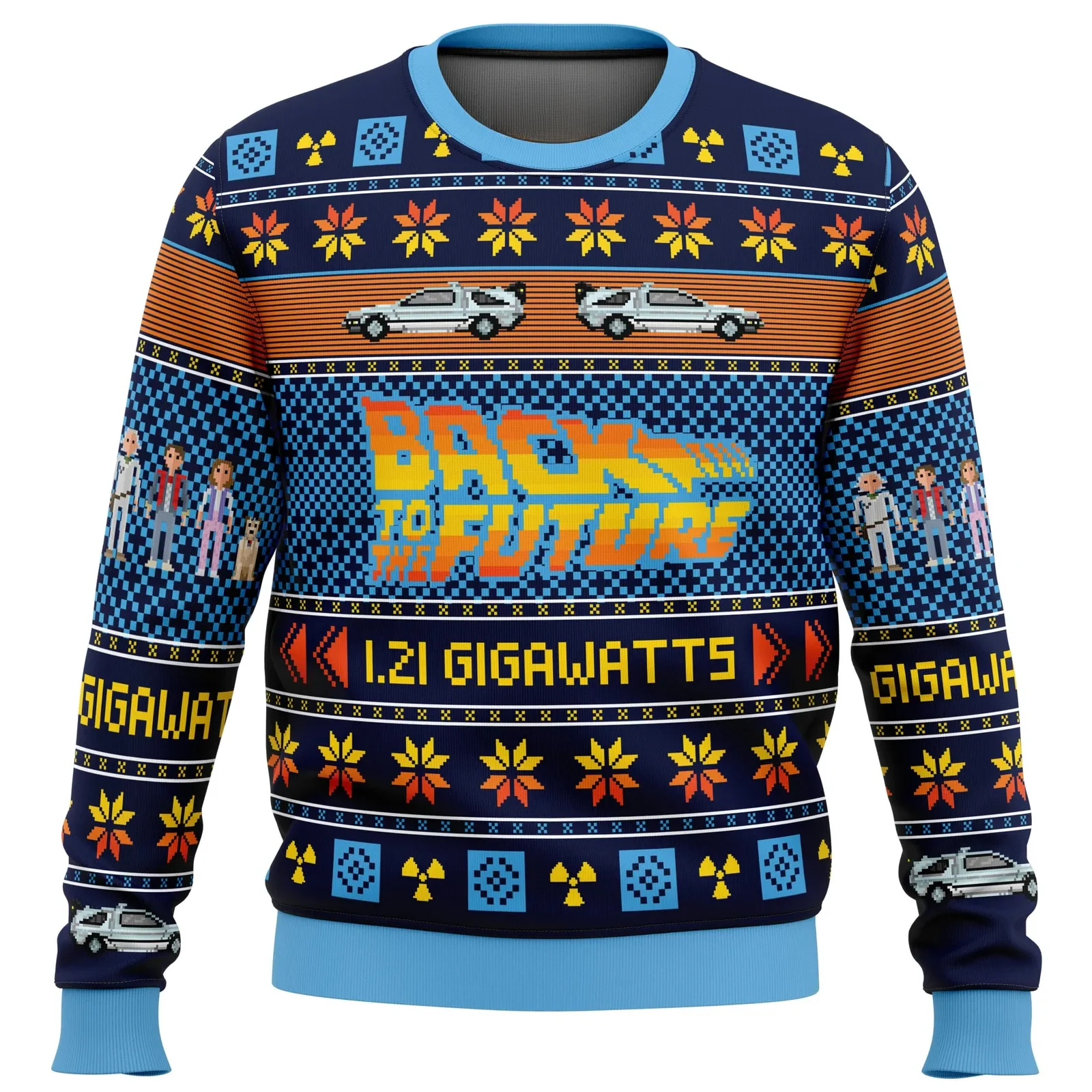 Back To The Future 1.21 Gigawatts Ugly Christmas Sweater, DeLorean Movie Holiday Sweater, Marty and Doc Brown Retro 80s Xmas Gift for Fans
