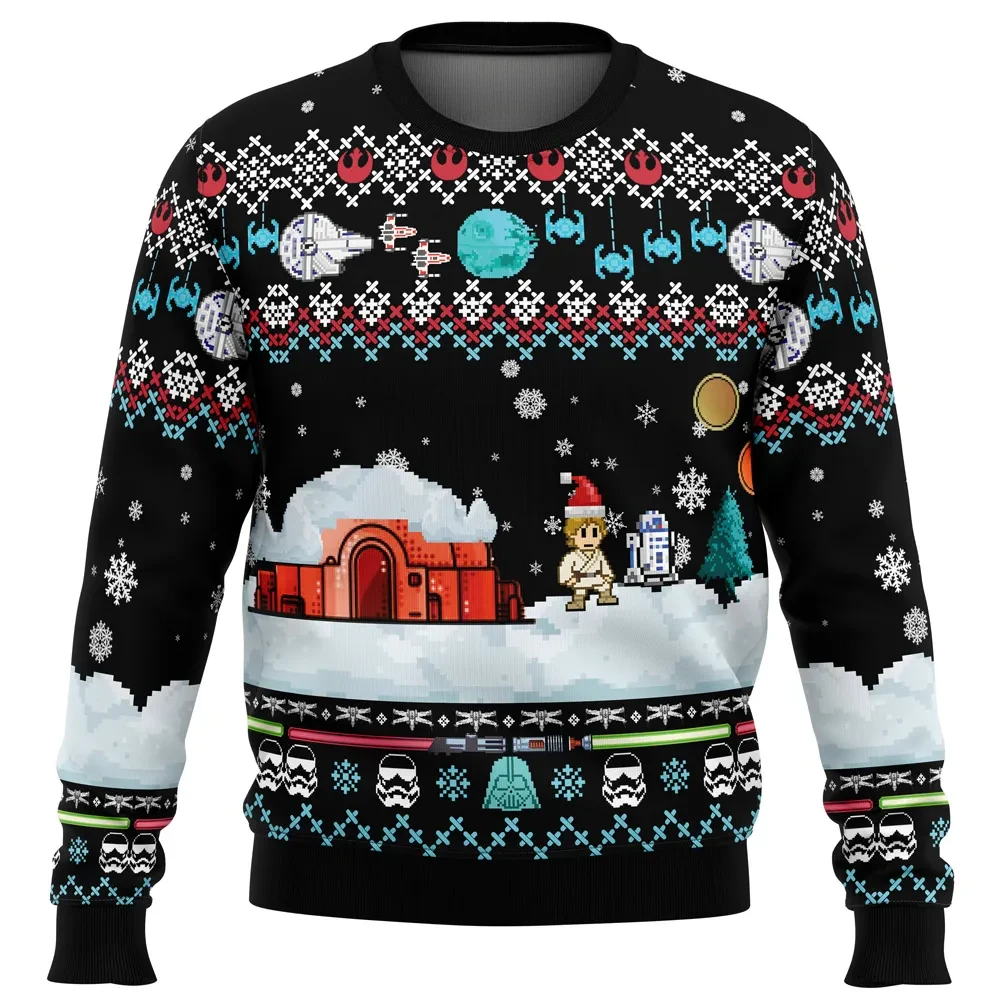 A New Christmas Star Wars Ugly Christmas Sweater, Luke Skywalker and R2-D2 Tatooine Pixel Holiday Sweatshirt, Unisex Movie Xmas Gift