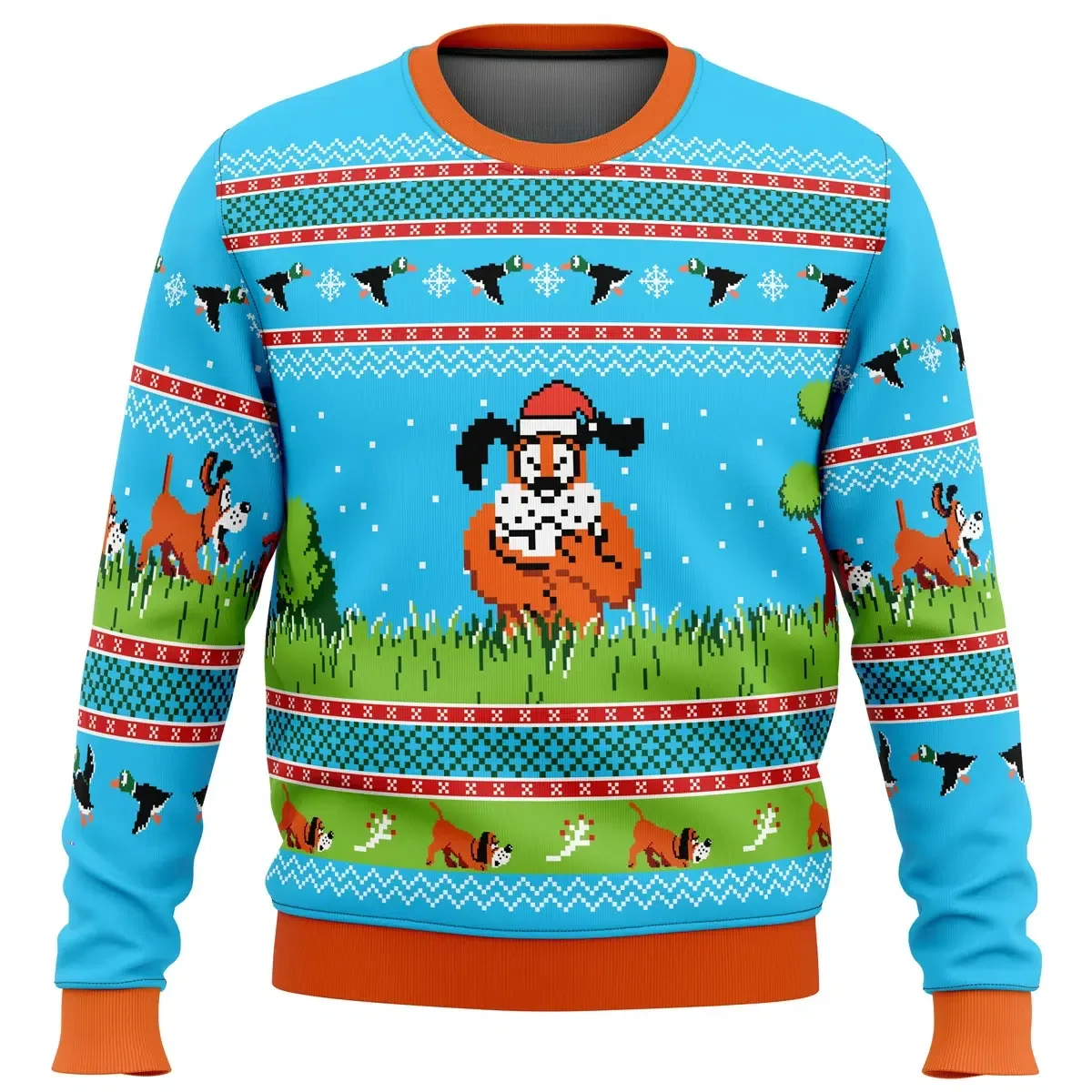 Duck Hunt Ugly Christmas Sweater, Retro Nintendo Gamer Holiday Sweater, Laughing Dog in Santa Hat Sweatshirt, Unisex Video Game Xmas Gift