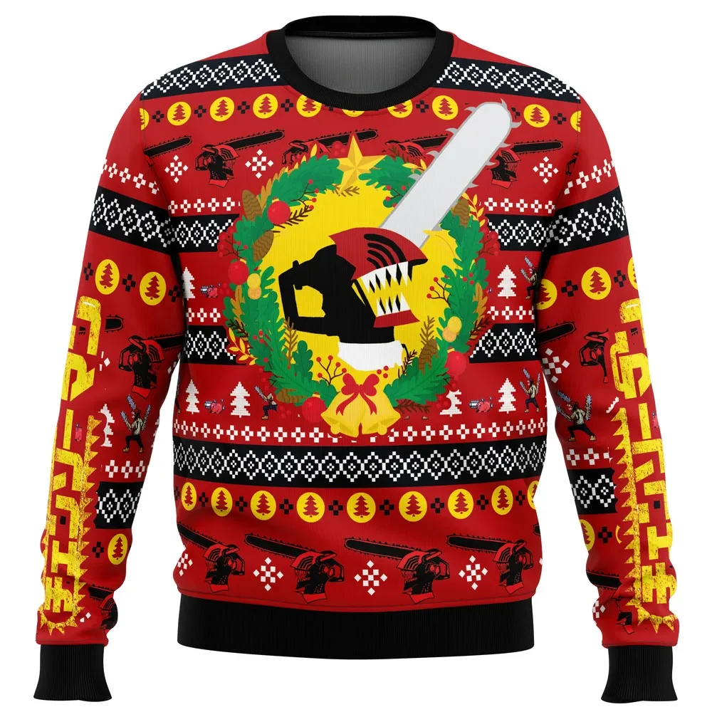 Christmas Dream Chainsaw Man Ugly Christmas Sweater, Pochita Denji Holiday Sweater, Red Wreath Katakana Pullover, Anime Manga Xmas Gift