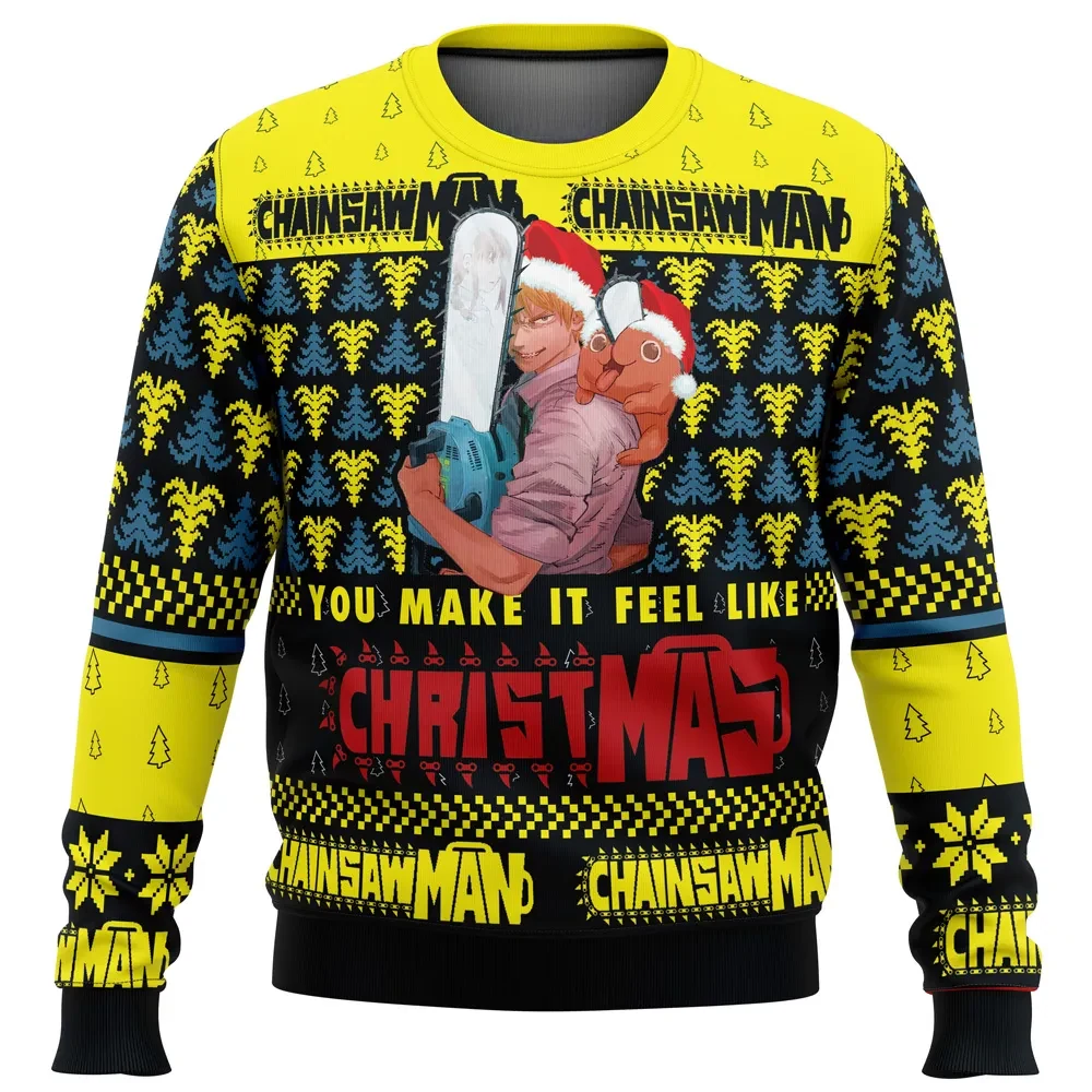 You Make It Feel Like Christmas Denji Pochita Chainsaw Man Ugly Christmas Sweater, Anime Holiday Sweater, Unisex All Over Print Xmas Sweater