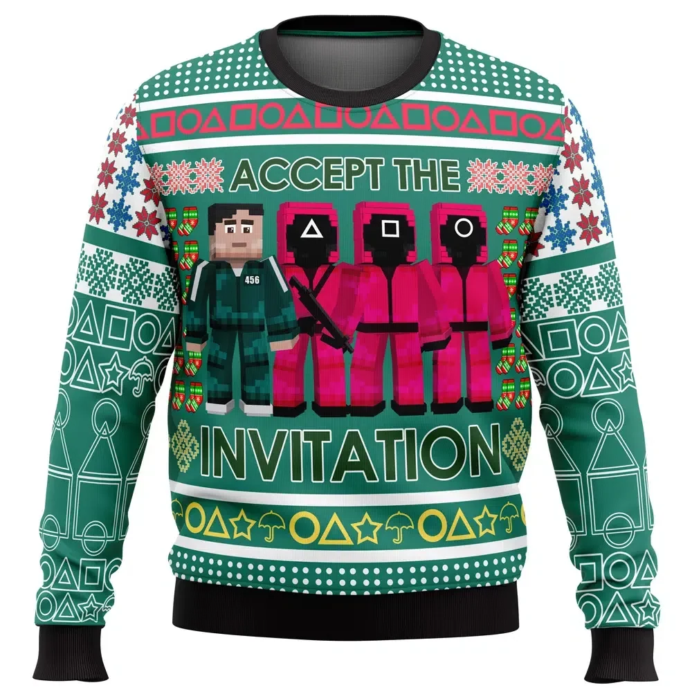 Squid Game Accept The Invitation Front Man Win Or Die Ugly Christmas Sweater, K-Drama Holiday Sweater, Unisex All Over Print Xmas Sweater
