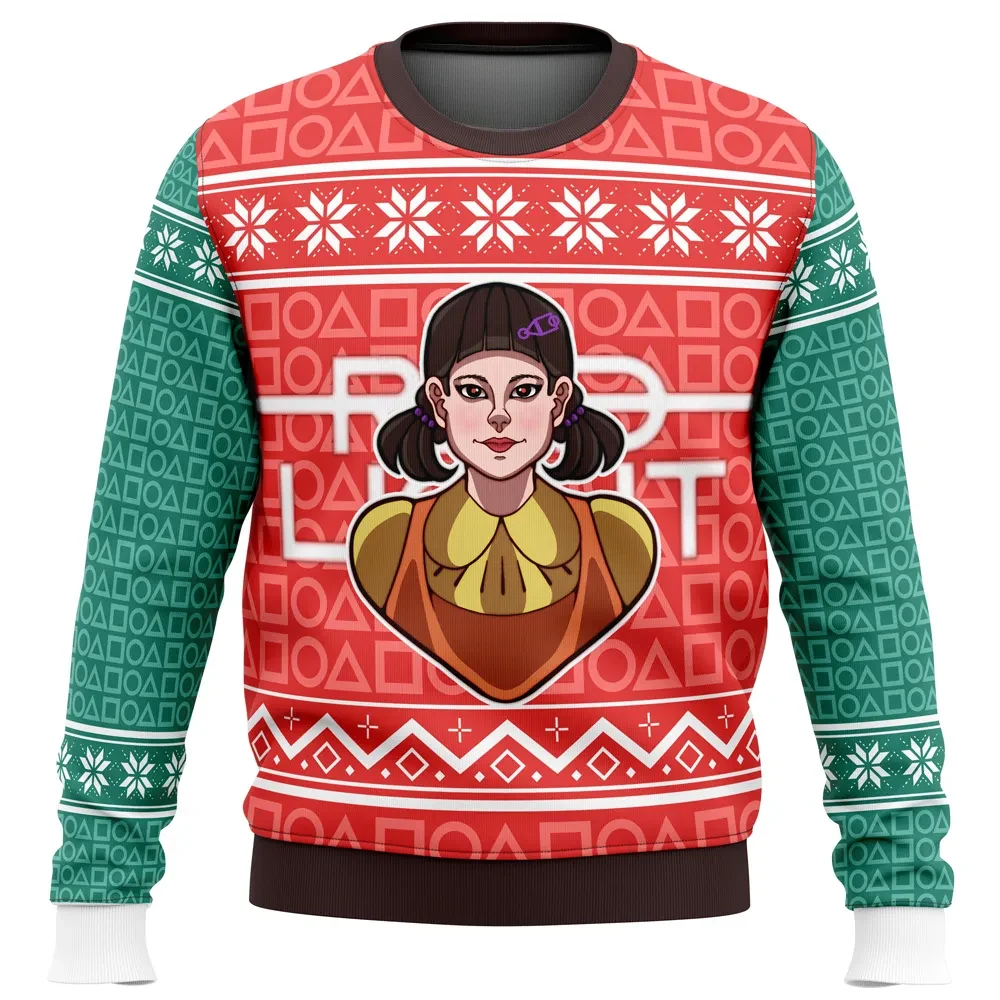 Squid Game Red Light Green Light Younghee Doll Ugly Christmas Sweater, Squid Game K-Drama Holiday Sweater, All Over Print Xmas Sweater