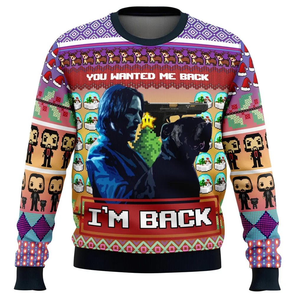 John Wick Ugly Christmas Sweater, You Wanted Me Back I'm Back Movie Holiday Sweater, Pastel Pixel Art Action Film Xmas Gift for Fans