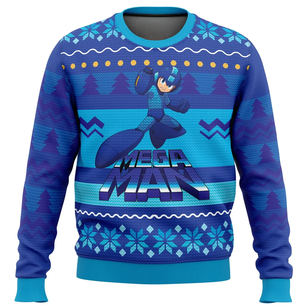 Mega Man Ugly Christmas Sweater, Retro Video Game Holiday Sweater, Blue Bomber Arm Cannon Unisex All Over Print Sweatshirt, Gamer Xmas Gift