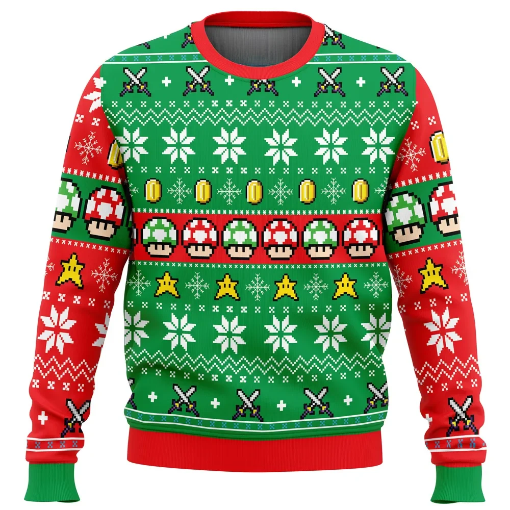 Super Mario Bros Ugly Christmas Sweater, Mushroom Power Up Holiday Sweater, Coins and Super Stars Unisex Sweatshirt, Retro Gamer Xmas Gift