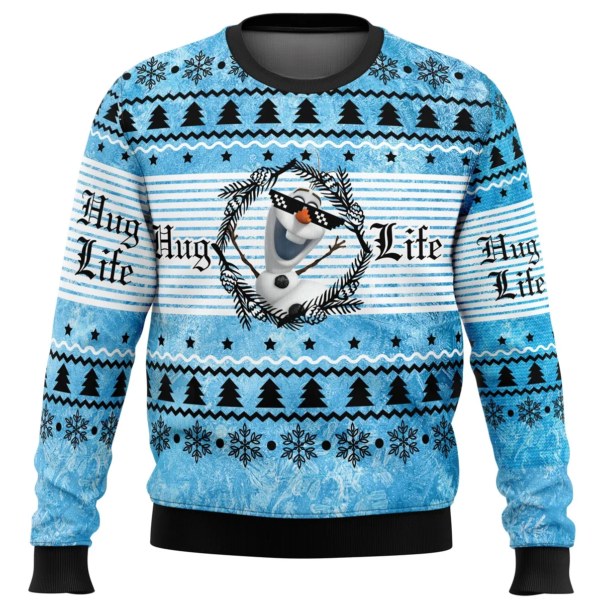 Hug Life Olaf Frozen Ugly Christmas Sweater, Disney Holiday Sweater, Snowman in Sunglasses Unisex Sweatshirt, Movie Xmas Gift for Family