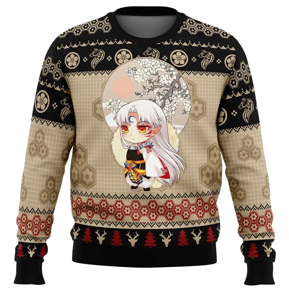 Chibi Sesshomaru Inuyasha Ugly Christmas Sweater, Inuyasha Holiday Sweater with Moon and Blossoms, Anime Xmas Gift, Unisex All Over Print