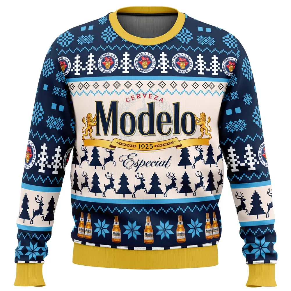 Modelo Especial Beer Ugly Christmas Sweater, Cerveza Modelo Holiday Sweater, Lion Logo Reindeer Pattern, Beer Lover Xmas Gift, Unisex Party Top