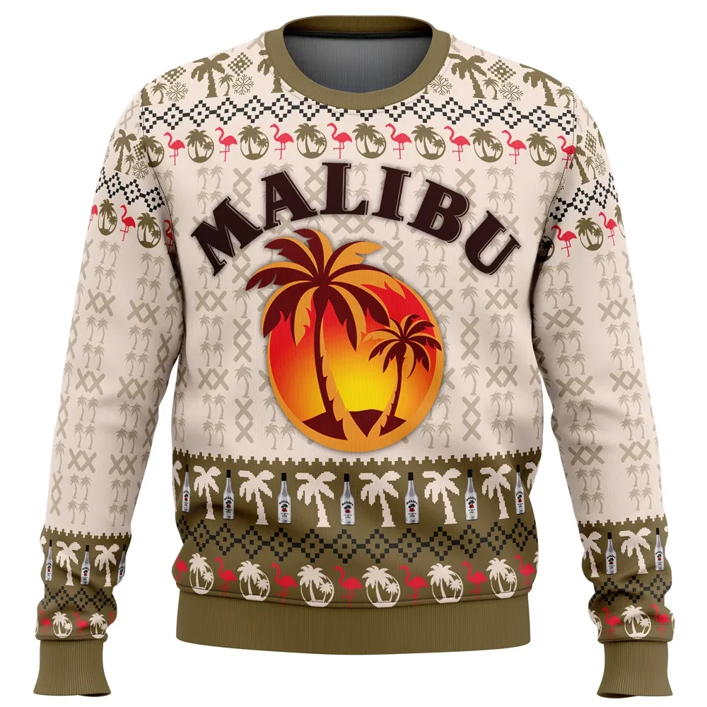 Malibu Rum Ugly Christmas Sweater, Tropical Palm Tree Holiday Sweatshirt, Funny Drinking Xmas Party Gift for Beach and Cocktail Lovers