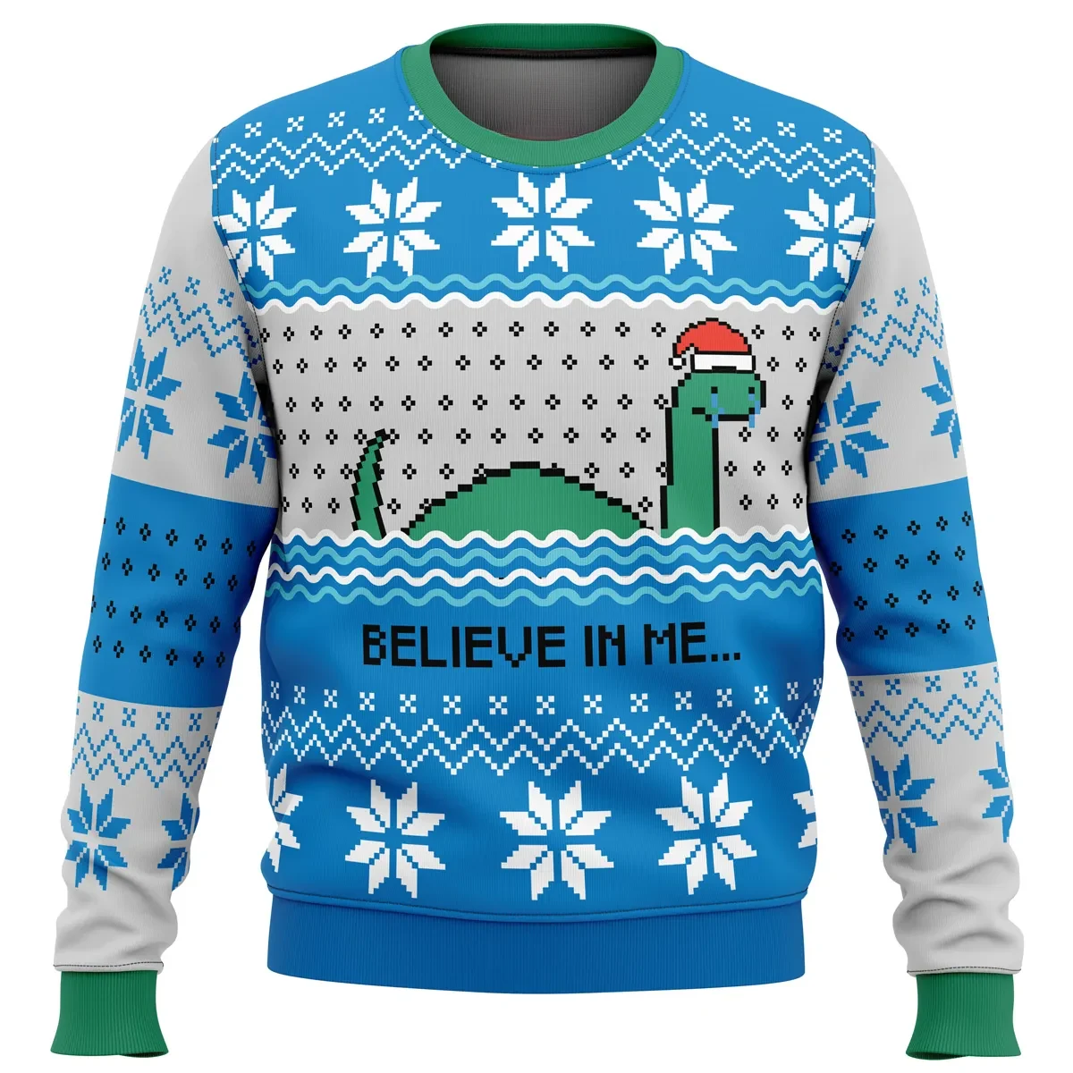 Believe in Me Nessie Ugly Christmas Sweater, Loch Ness Monster Holiday Sweater, Santa Hat Cryptid, Funny Xmas Gift, Unisex All Over Print Top