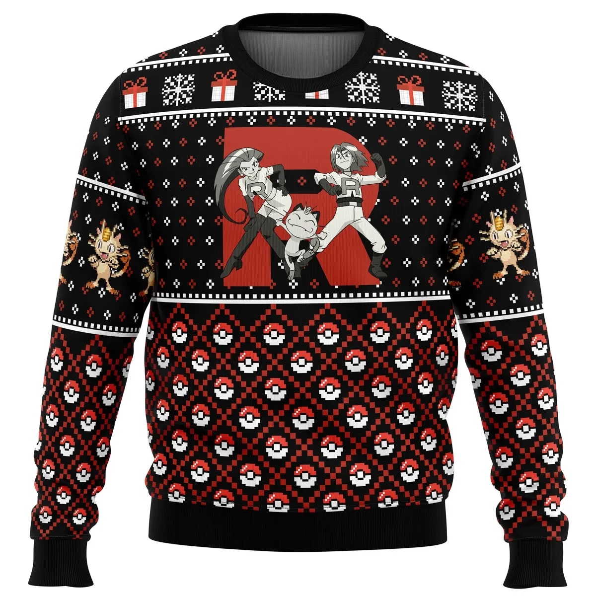 Team Rocket Pokemon Ugly Christmas Sweater, Jessie James Meowth Holiday Sweater, Poke Ball Pattern Xmas Sweatshirt, Gift for Anime Fans