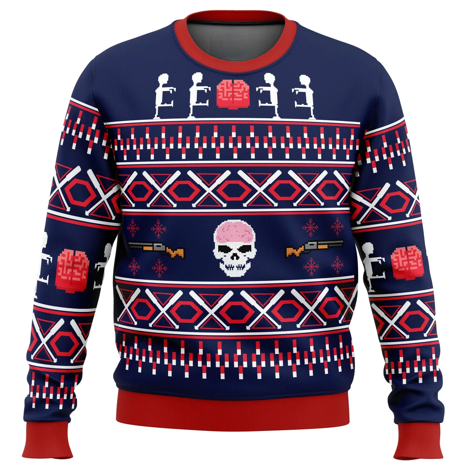 Christmas Zombie Ugly Christmas Sweater, Zombie Brains Horror Holiday Sweater, Funny Skull and Baseball Bat Xmas Gift for Undead Fans
